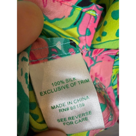 Lilly Pulitzer Frog To Be Silk Blouse Pink Green Floral Long Sleeve Top L - Picture 6 of 8